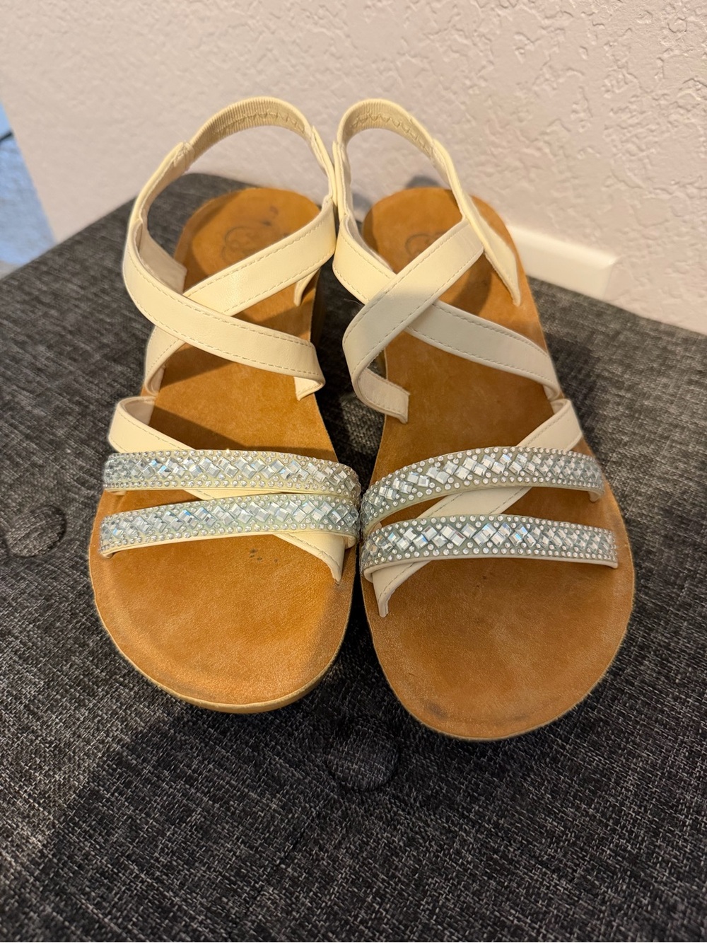 Madden Girl Cream Slingback Sandals with Rhinestone Straps
